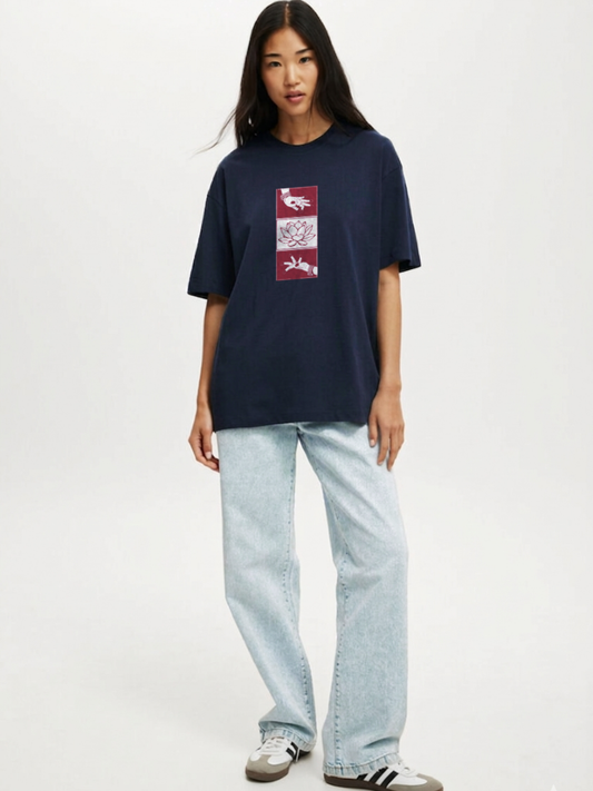 Desi Lotus Hands Oversized T-Shirt- Navy Blue