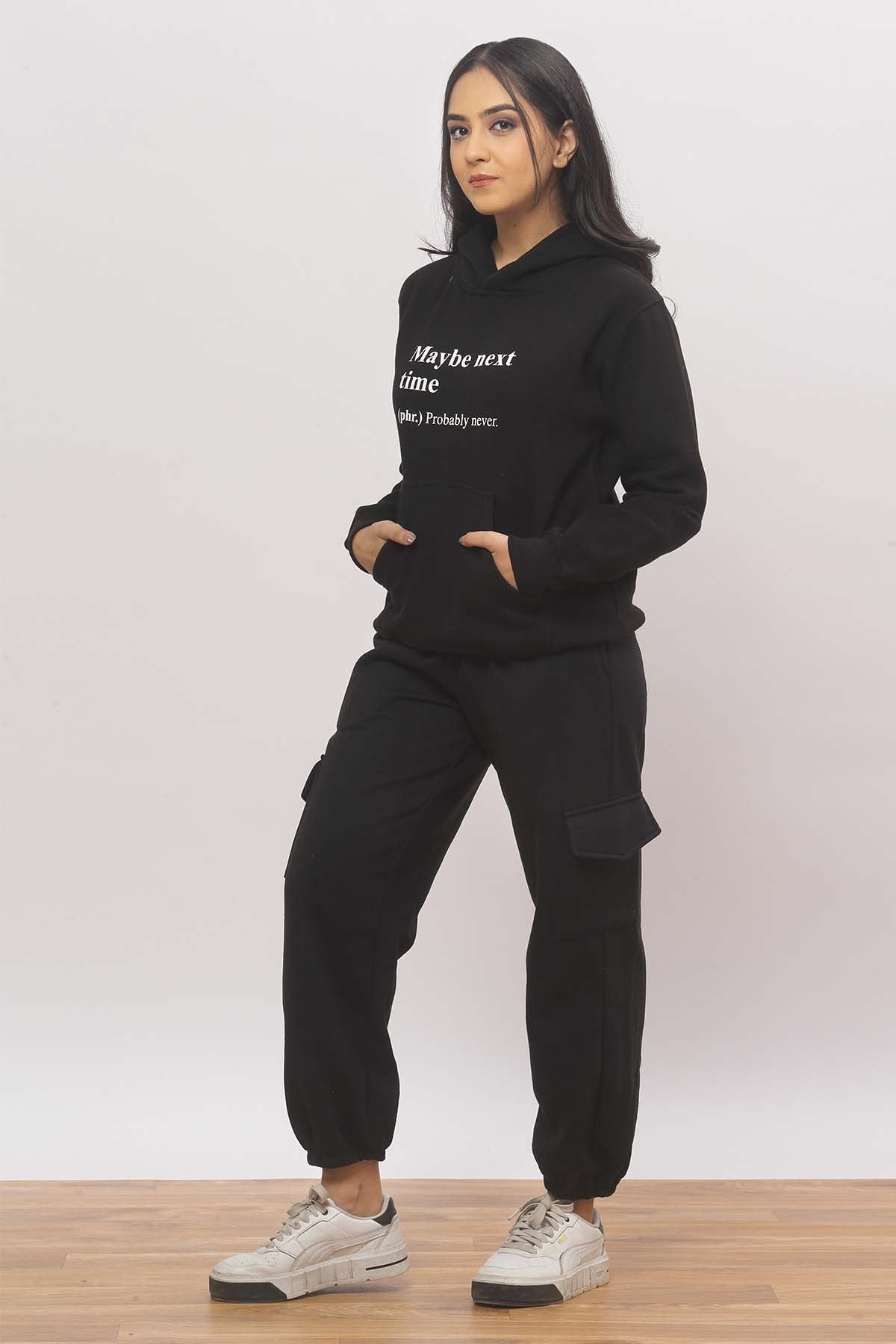 May Be Next Time Black Hoodie + Cargo Joggers Co-ord Set