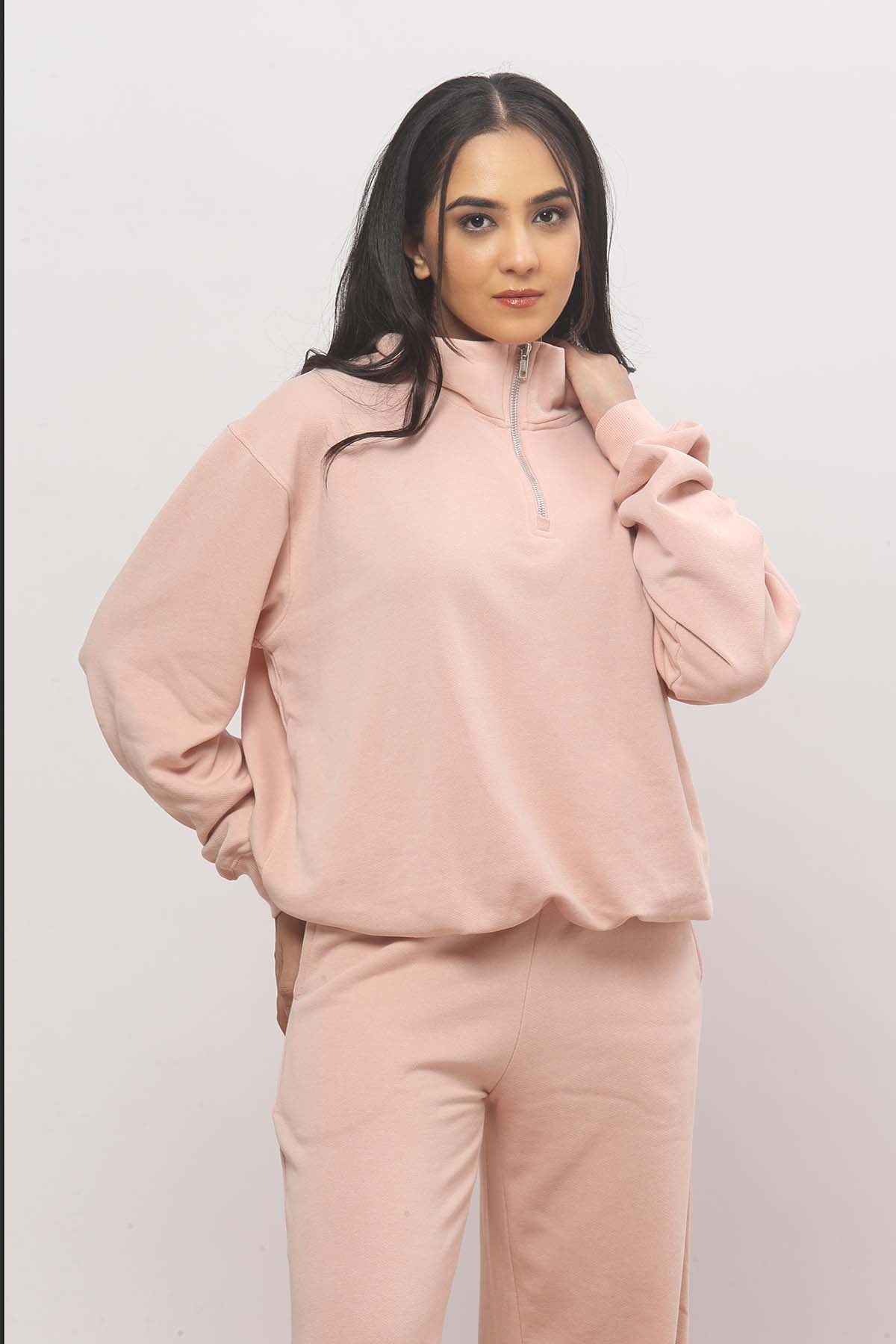 Baby Pink Half Zip Oversized Sweatshirt