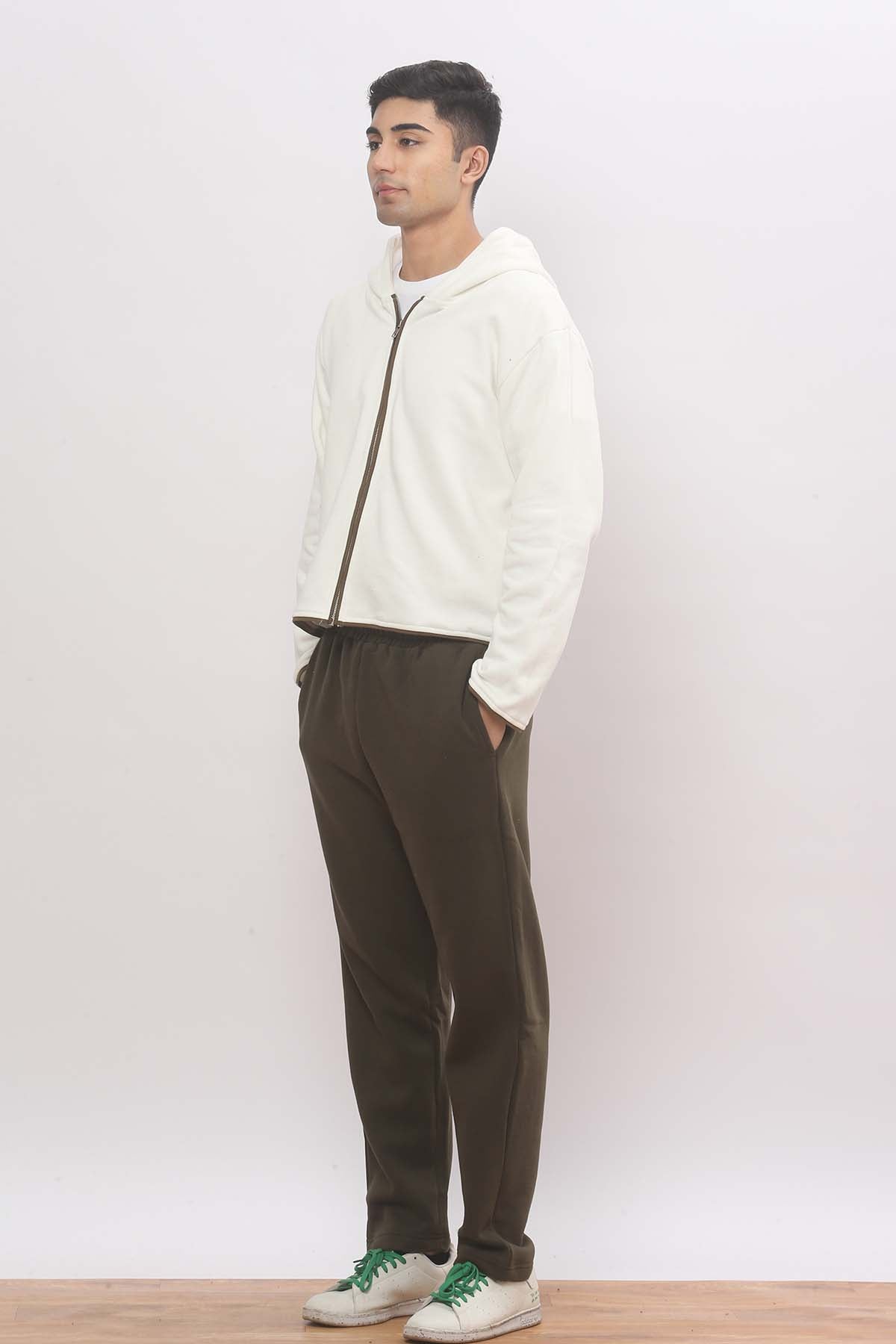 Off White Zip Hoodie + Olive Green Straight Jogger Co-ord Set