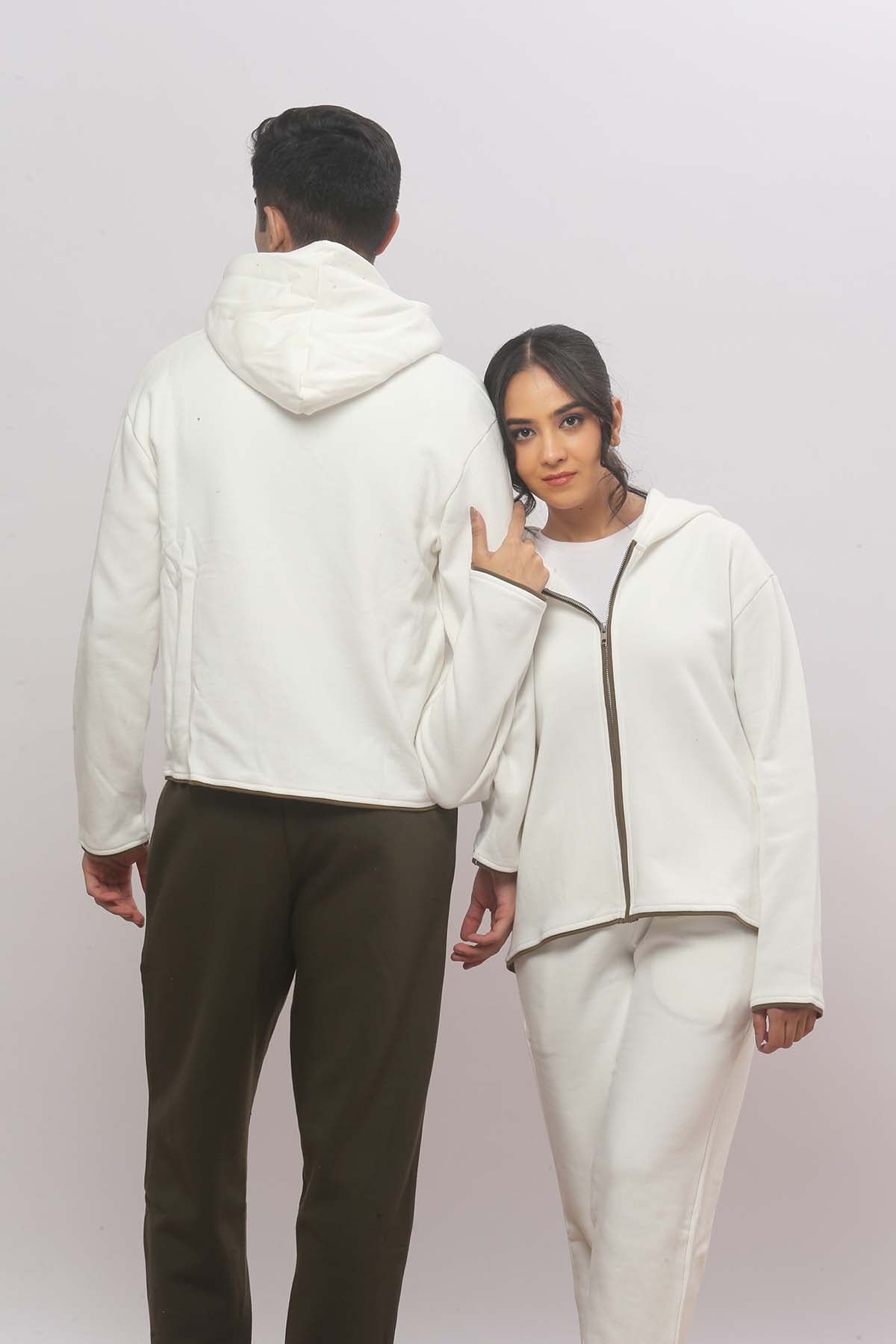 Off White Zip Hoodie + Olive Green Straight Jogger Co-ord Set