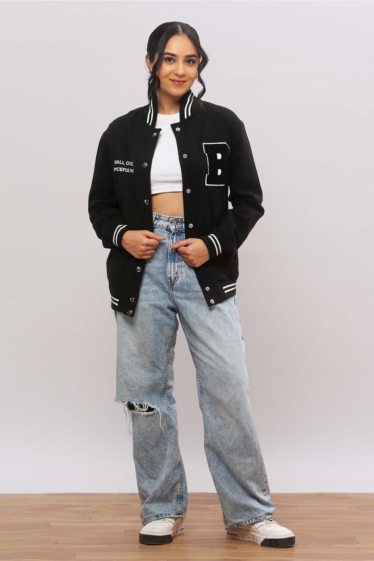 Small Circle-B Patch Black Varsity Jacket