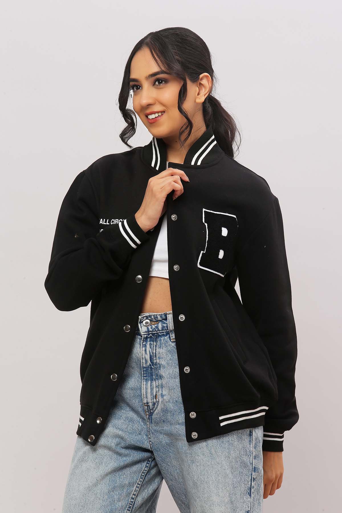 Small Circle-B Patch Black Varsity Jacket