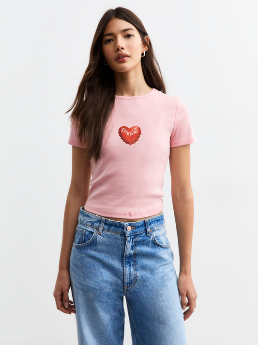 Coke Heart Cap Crop T-Shirt - Pink