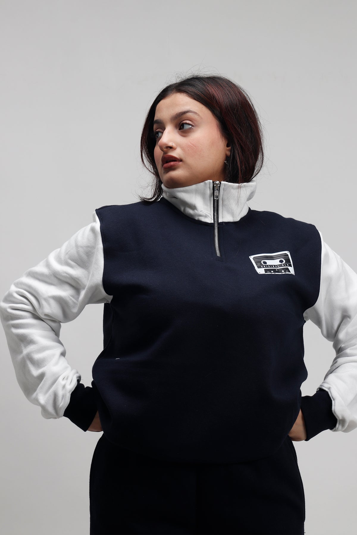 Original Blu Navy blue & White Half Zip Oversized Sweatshirt