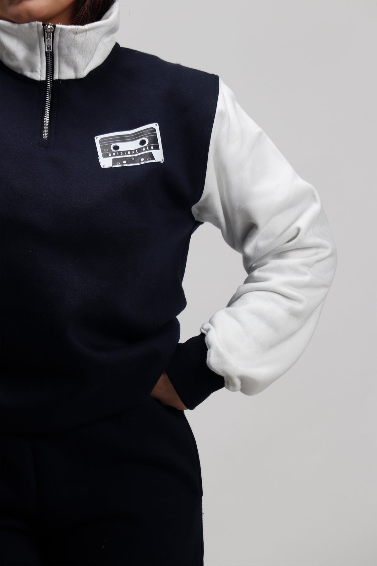 Original Blu Navy blue & White Half Zip Oversized Sweatshirt