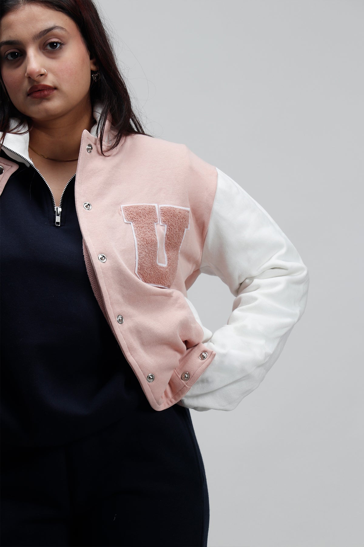 U Patch- Baby Pink Varsity Jacket