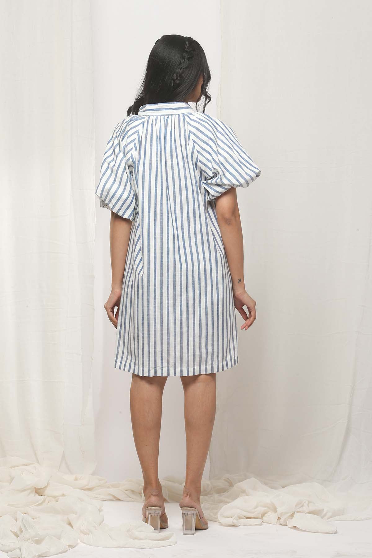 Relaxed Puff Linen Dress- Blue