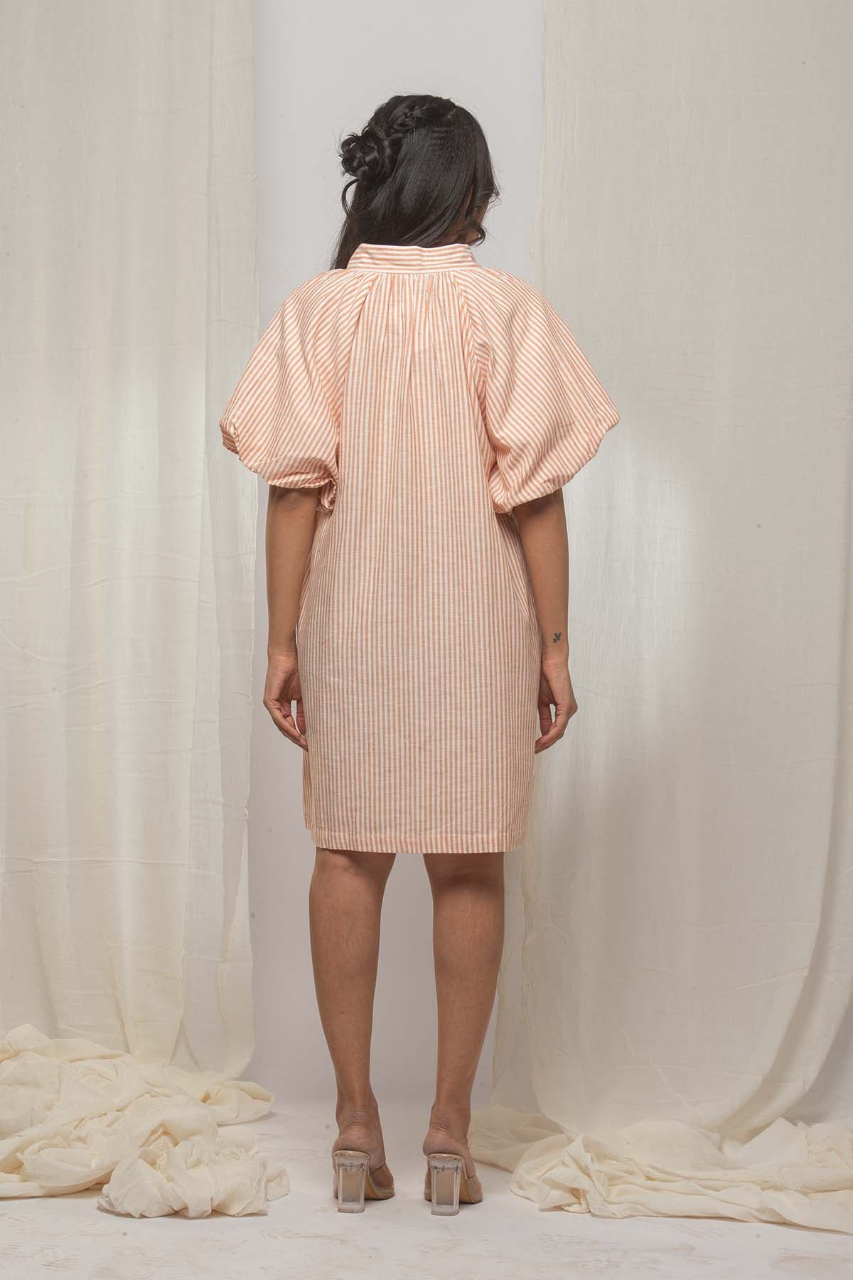 Relaxed Puff Linen Dress- Orange