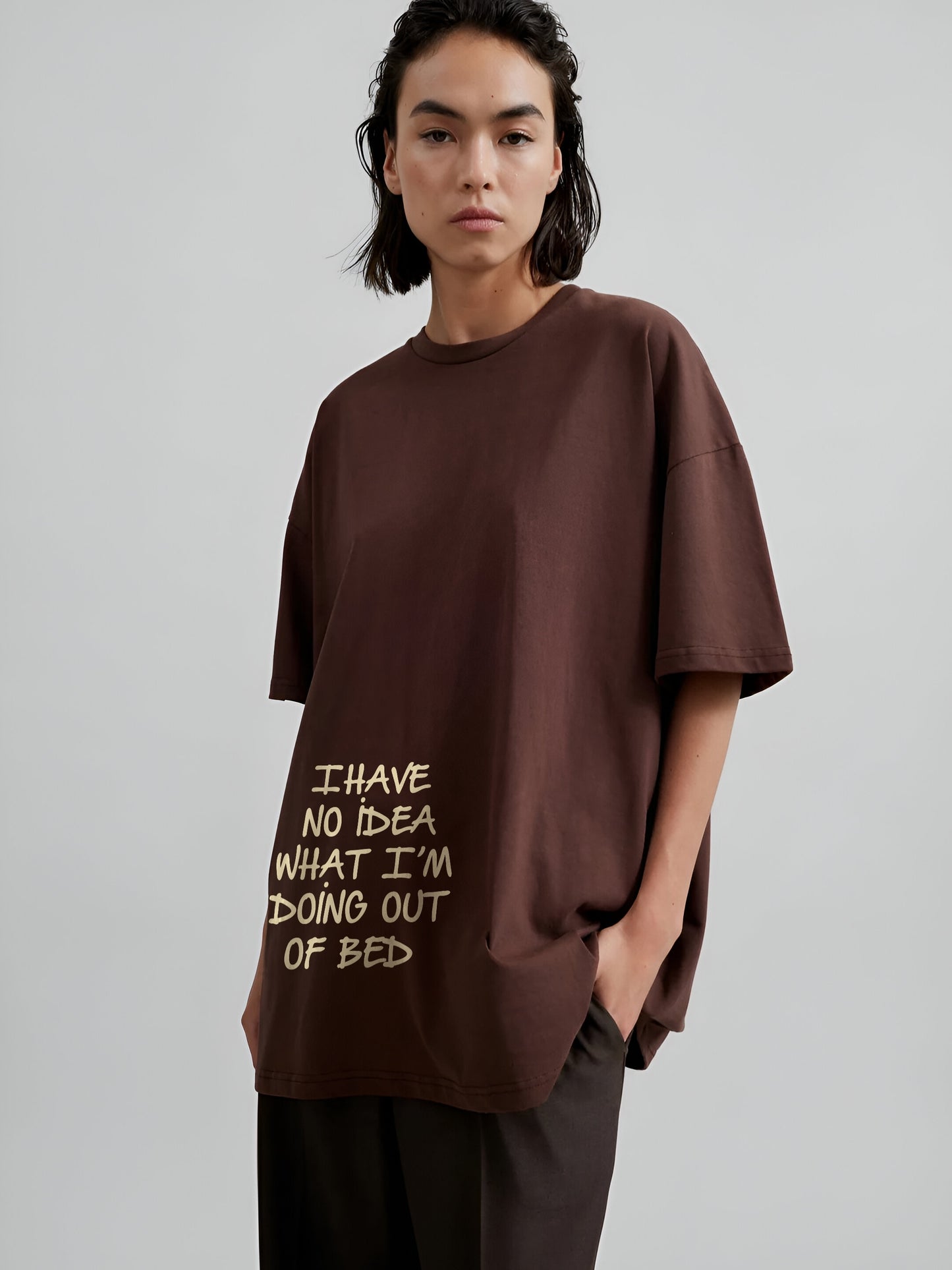 Out of bed Oversized T-Shirt- Brown