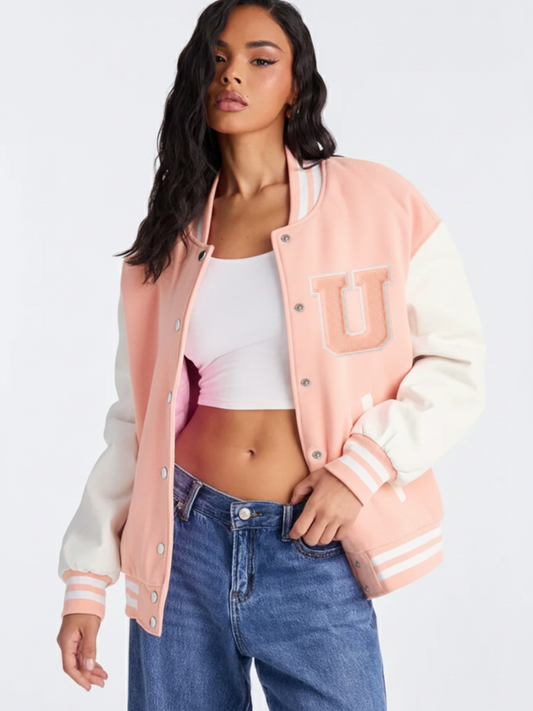 Baby Pink Varsity Jacket- U Patch