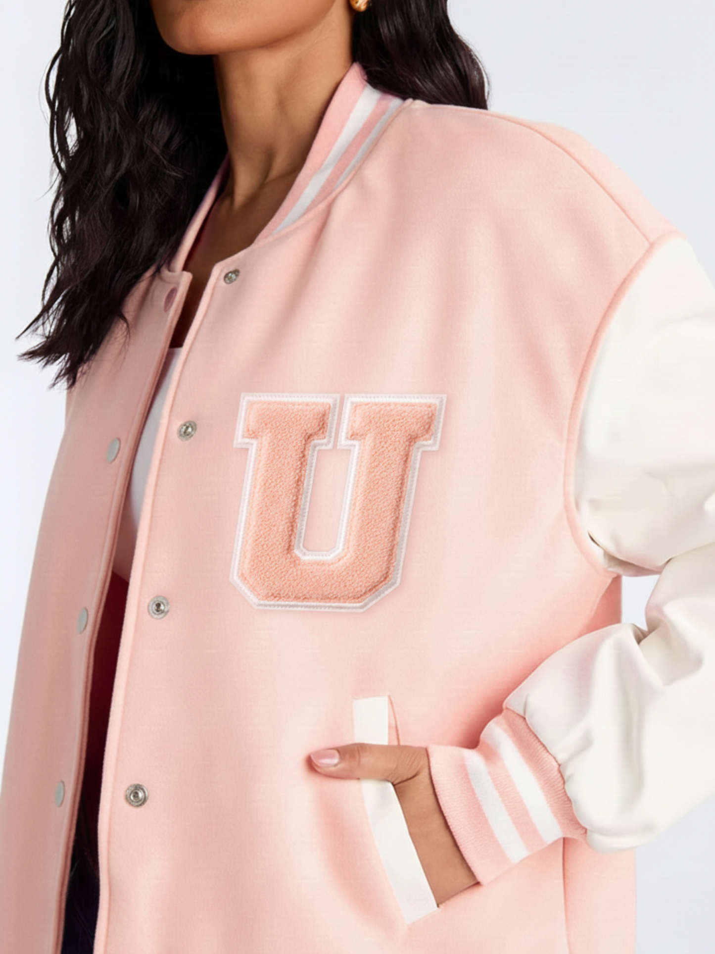 Baby Pink Varsity Jacket- U Patch