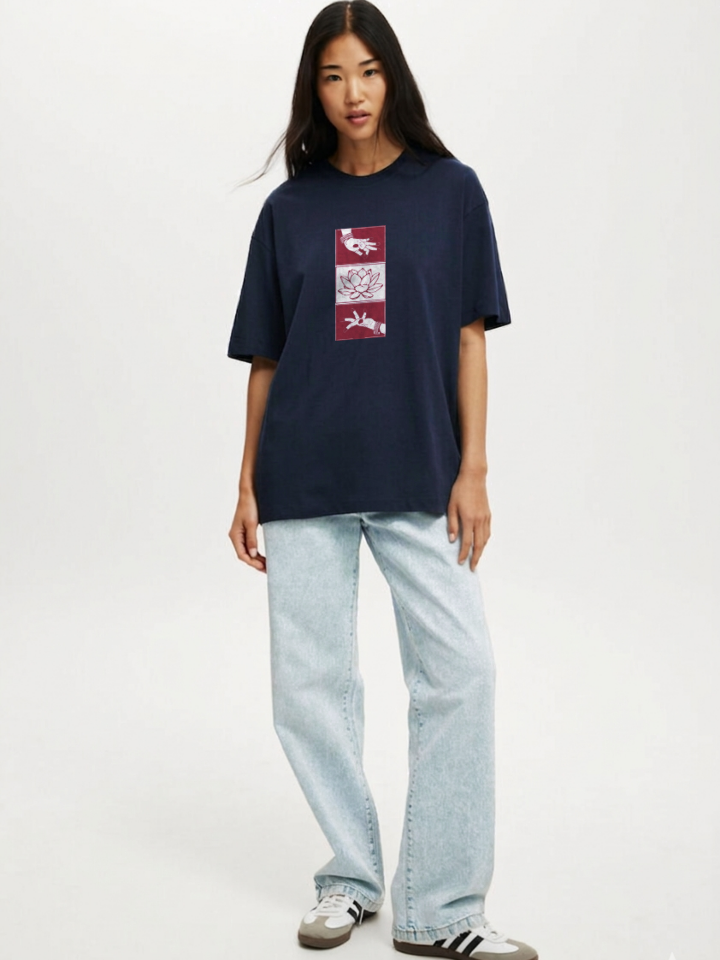 Desi Lotus Hands Oversized T-Shirt- Navy Blue
