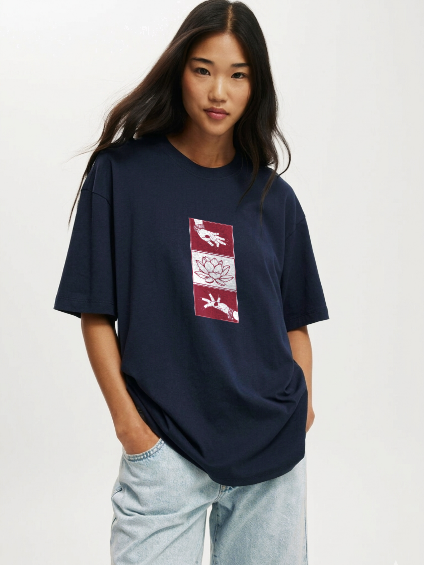Desi Lotus Hands Oversized T-Shirt- Navy Blue