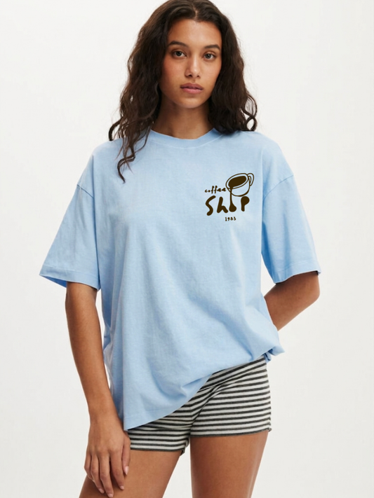 Coffee Shop 1983 Oversized T-Shirt- Sky Blue