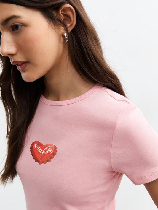 Coke Heart Cap Crop T-Shirt - Pink