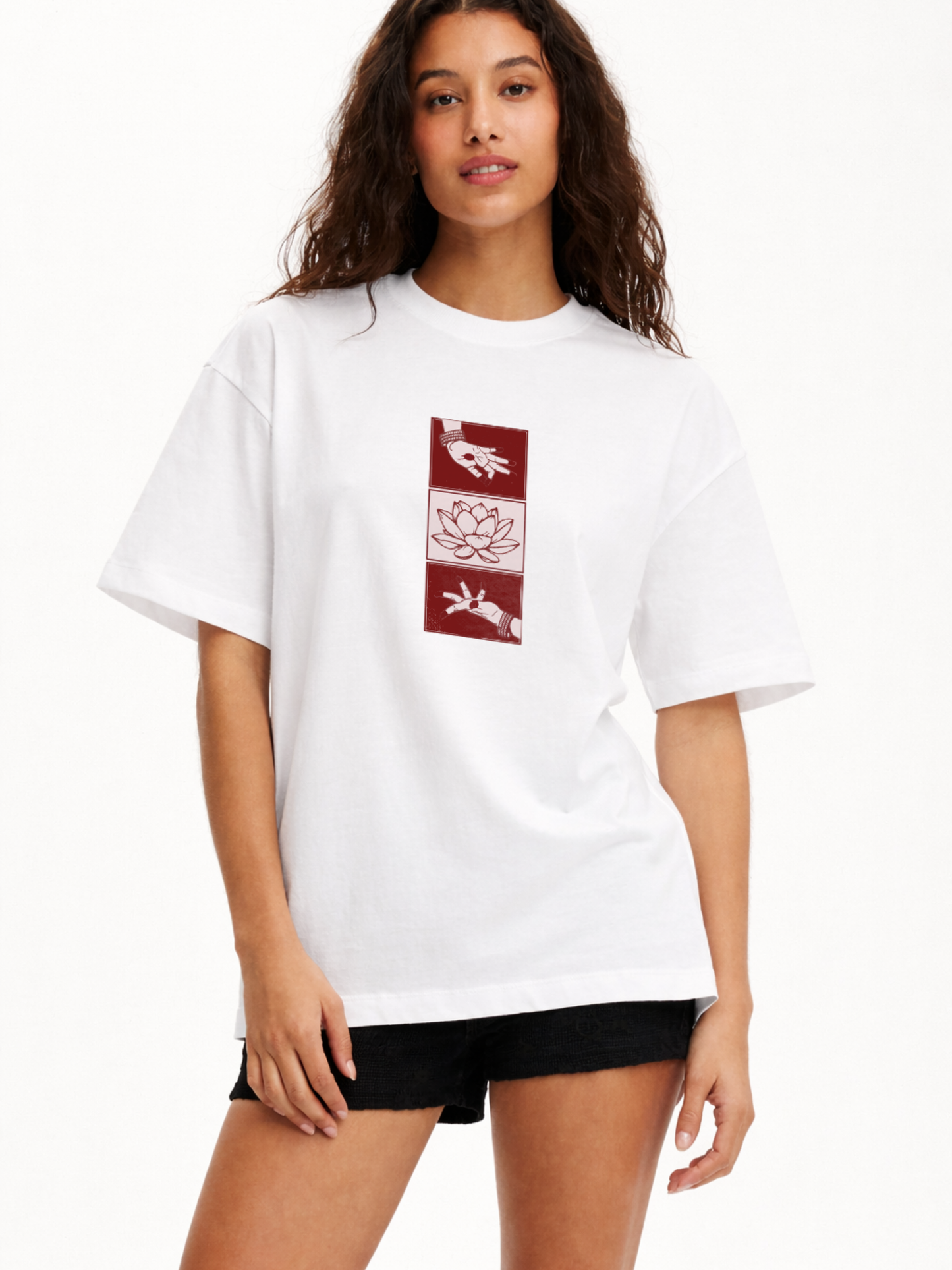 Desi Lotus Hands Oversized T-Shirt- White