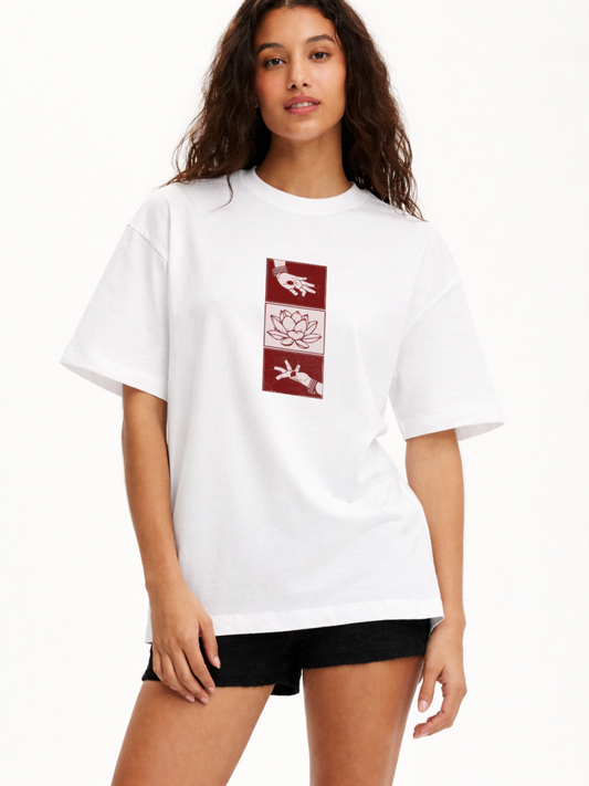 Desi Lotus Hands Oversized T-Shirt- White