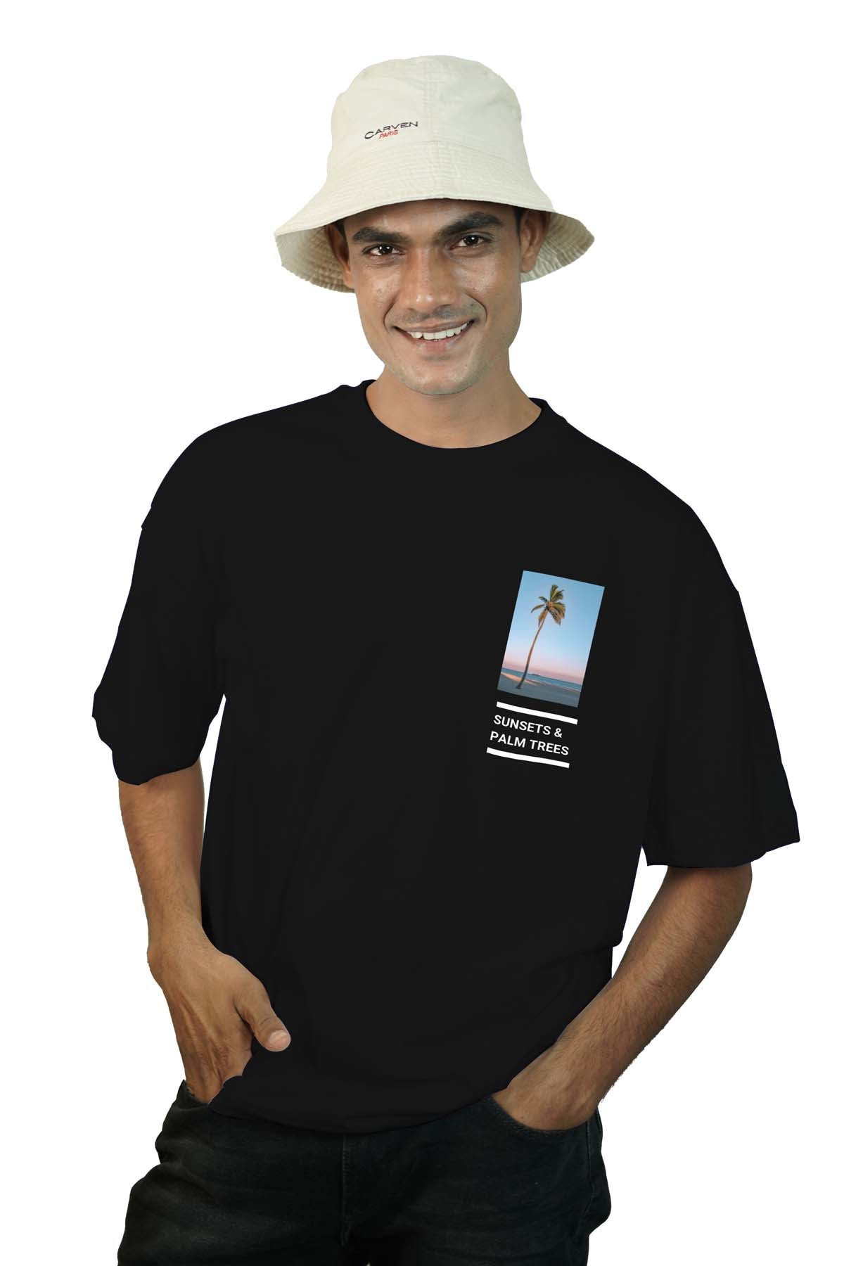 Sunset & Palm Trees Oversized T-shirt-black