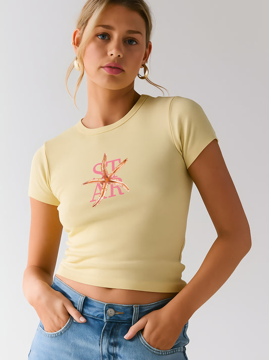 Starfish Pink Crop T-Shirt- Yellow