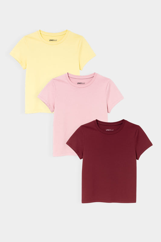 Yellow, Pink, Dark Red Crop Fitted T-Shirt- (Combo of 3)