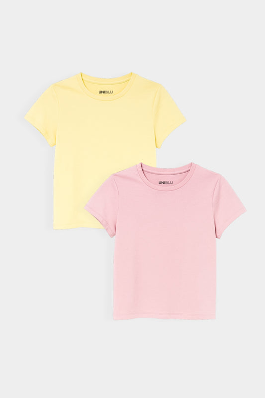 Yellow, Pink Crop Fitted T-Shirt- (Combo of 2)
