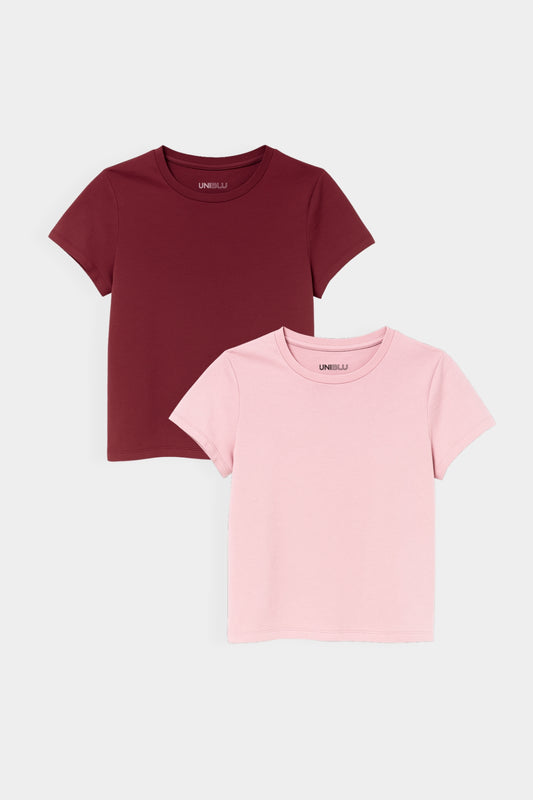 Dark Red, Pink Crop Fitted T-Shirt- (Combo of 2)