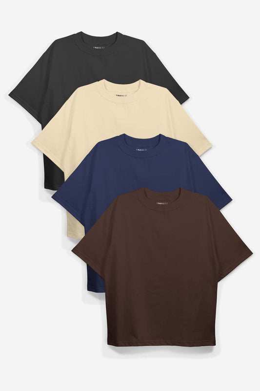 Black+Brown+Navy Blue+Beige Oversized T-Shirt (Combo of 4)