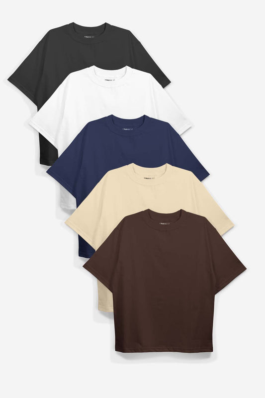 Black+Brown+Navy Blue+White+Beige Oversized T-Shirt (Combo of 5)