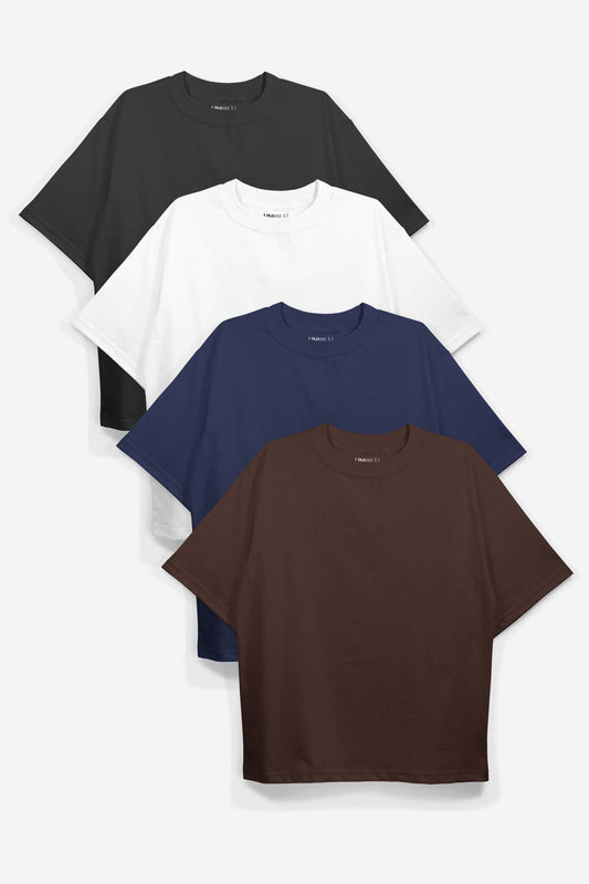 Black+Brown+Navy Blue+White Oversized T-Shirt (Combo of 4)