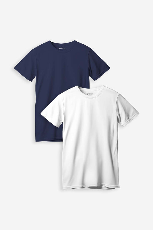 Navy Blue+White Plain Regular Fit T-Shirt (Combo of 2)